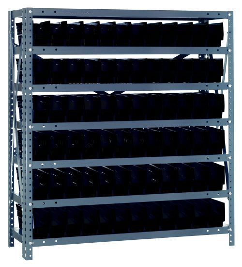 The Quantum Shelving Unit features seven 12D x 36L shelves with a 400 lb. load capacity each and comes with stable angled supports, galvanized steel finish, and includes 72 black bins (11-5/8L x 2-3/4W x 4H) for organized storage in any space.