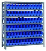 The Quantum Shelving Unit, measuring 12D x 36L x 39H with a galvanized steel finish, includes seven shelves and holds up to 400 lbs per shelf. It features 72 Qsb100 blue bins (11-5/8L x 2-3/4W x 4H) and is designed for efficient small item storage with easy access.