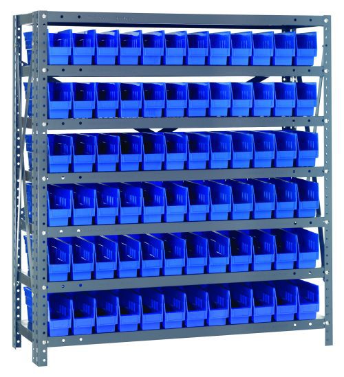 1239-100_BL.jpg The Quantum Shelving Unit, measuring 12D x 36L x 39H with a galvanized steel finish, includes seven shelves and holds up to 400 lbs per shelf. It features 72 Qsb100 blue bins (11-5/8L x 2-3/4W x 4H) and is designed for efficient small item storage with easy access.