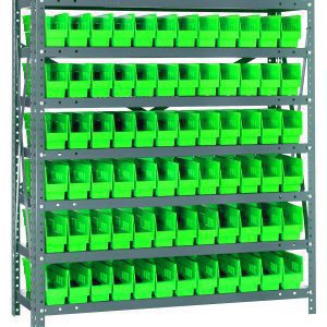 The Quantum Shelving Unit measures 12D x 36L x 39H and features a galvanized steel finish. With a capacity of 400 lbs per shelf, it includes seven shelves filled with 72 Qsb100 green black bins (11-5/8L x 2-3/4W x 4H), providing an industrial and organized look ideal for any workspace.