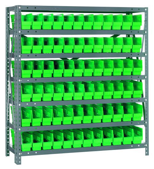 1239-100_GN.jpg The Quantum Shelving Unit measures 12D x 36L x 39H and features a galvanized steel finish. With a capacity of 400 lbs per shelf, it includes seven shelves filled with 72 Qsb100 green black bins (11-5/8L x 2-3/4W x 4H), providing an industrial and organized look ideal for any workspace.