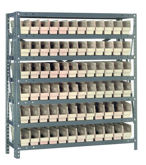 The Quantum Shelving Unit, 12D x 36L x 39H, heavy-duty and galvanized steel finish, includes seven shelves each with a 400 lb. load capacity and neatly aligns a total of seventy-two ivory black Qsb100 bins (11-5/8L x 2-3/4W x 4H) for efficient organization.