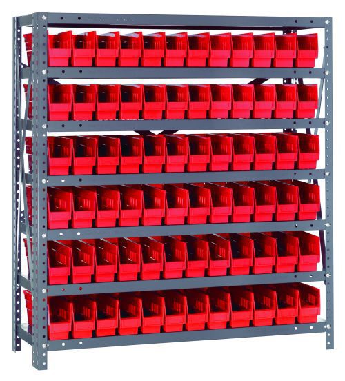 1239-100_RD.jpg The Quantum Shelving Unit, 12D X 36L X 39H, features seven shelves and includes 72 Qsb100 red black bins. Constructed with galvanized steel uprights and cross bars, it supports up to 400 lbs per shelf, making it ideal for organizing small items in workshops or warehouses.