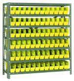 The Quantum Shelving Unit, measuring 12D x 36L x 39H, features seven heavy-duty shelves with a load capacity of 400 lbs each. It includes 72 bright yellow QSB100 bins perfect for organizing tools in workshops or storage areas. The unit is complete with uprights and crossbars in galvanized steel.