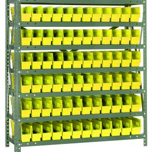 The Quantum Shelving Unit, measuring 12D x 36L x 39H, features seven heavy-duty shelves with a load capacity of 400 lbs each. It includes 72 bright yellow QSB100 bins perfect for organizing tools in workshops or storage areas. The unit is complete with uprights and crossbars in galvanized steel.