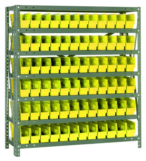 The Quantum Shelving Unit, measuring 12D x 36L x 39H, features seven heavy-duty shelves with a load capacity of 400 lbs each. It includes 72 bright yellow QSB100 bins perfect for organizing tools in workshops or storage areas. The unit is complete with uprights and crossbars in galvanized steel.