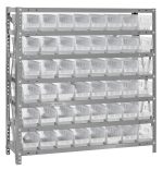 This heavy-duty Quantum Shelving Unit, measuring 12D x 36L x 39H and with a 400 lb. load capacity per shelf, includes seven shelves, uprights and cross bars, and features 48 clear black bins (11-5/8L x 4-1/8W x 4H, QSB100) in a galvanized steel finish.