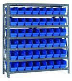 The Quantum Shelving Unit, measuring 12D x 36L x 39H, is a heavy-duty structure with seven shelves and includes forty-eight blue Qsb101 bins, perfect for organizing. With a galvanized steel finish and freestanding design, it offers ample storage against a clean white background.