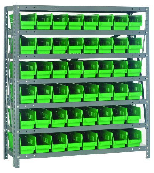 The Quantum Shelving Unit is a heavy-duty, galvanized steel rack, 12D x 36L x 39H, featuring seven shelves each with a 400 lb. load capacity. It includes 48 green QSB101 bins for efficient storage and easy access to items.