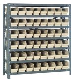 The Quantum Shelving Unit measures 12D x 36L x 39H and includes seven shelves, each with a 400 lb. load capacity. It comes equipped with 48 ivory black bins (11-5/8L x 4-1/8W x 4H), perfect for small item organization. The frame has a galvanized steel finish for an industrial look.