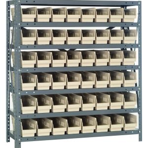The Quantum Shelving Unit measures 12D x 36L x 39H and includes seven shelves, each with a 400 lb. load capacity. It comes equipped with 48 ivory black bins (11-5/8L x 4-1/8W x 4H), perfect for small item organization. The frame has a galvanized steel finish for an industrial look.