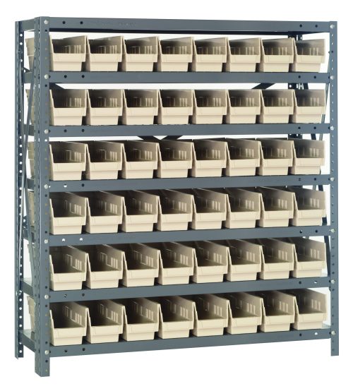 The Quantum Shelving Unit measures 12D x 36L x 39H and includes seven shelves, each with a 400 lb. load capacity. It comes equipped with 48 ivory black bins (11-5/8L x 4-1/8W x 4H), perfect for small item organization. The frame has a galvanized steel finish for an industrial look.