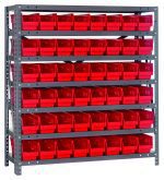 The Quantum Shelving Unit measures 12D x 36L x 39H and features seven shelves, each with a heavy-duty 400 lb. load capacity. It includes galvanized steel uprights, cross bars, and comes with 48 red black bins for organized storage against a plain white backdrop.