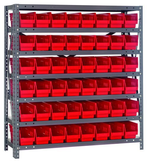 The Quantum Shelving Unit measures 12D x 36L x 39H and features seven shelves, each with a heavy-duty 400 lb. load capacity. It includes galvanized steel uprights, cross bars, and comes with 48 red black bins for organized storage against a plain white backdrop.