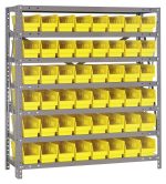 The Quantum Shelving Unit, measuring 12D x 36L x 39H, features a heavy-duty design with seven shelves and offers a load capacity of 400 lbs. per shelf. It includes galvanized steel uprights and crossbars and 48 yellow bins (11-5/8L x 4-1/8W x 4H) for superior organization.
