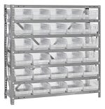 The Quantum Shelving Unit, measuring 12D x 36L x 39H, includes seven heavy-duty shelves with a load capacity of 400 lbs each. It comes with 48 clear black bins (11-5/8L x 6-5/8W x 4H) and features uprights and cross bars in a galvanized steel finish for durability.