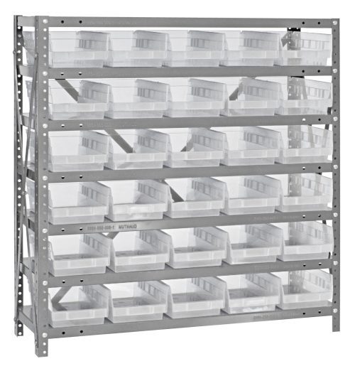 The Quantum Shelving Unit, measuring 12D x 36L x 39H, includes seven heavy-duty shelves with a load capacity of 400 lbs each. It comes with 48 clear black bins (11-5/8L x 6-5/8W x 4H) and features uprights and cross bars in a galvanized steel finish for durability.