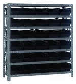 The Quantum Shelving Unit measures 12D x 36L x 39H with seven shelves, each supporting multiple (30) QSB102 black bins measuring 11-5/8L x 6-5/8W x 4H. Its designed for organizing and storing items effortlessly, boasting a heavy-duty galvanized steel finish and a load capacity of 400 lbs per shelf.