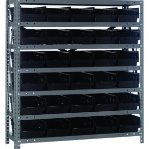 The Quantum Shelving Unit measures 12D x 36L x 39H with seven shelves, each supporting multiple (30) QSB102 black bins measuring 11-5/8L x 6-5/8W x 4H. Its designed for organizing and storing items effortlessly, boasting a heavy-duty galvanized steel finish and a load capacity of 400 lbs per shelf.