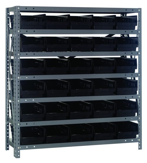The Quantum Shelving Unit measures 12D x 36L x 39H with seven shelves, each supporting multiple (30) QSB102 black bins measuring 11-5/8L x 6-5/8W x 4H. Its designed for organizing and storing items effortlessly, boasting a heavy-duty galvanized steel finish and a load capacity of 400 lbs per shelf.