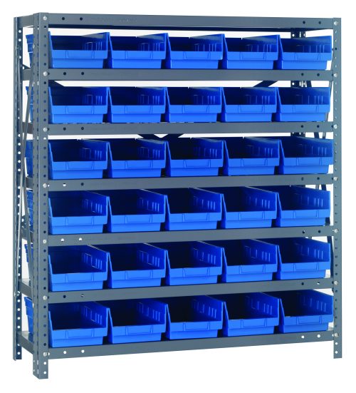 The Quantum Shelving Unit features a heavy-duty galvanized steel design, measuring 12D x 36L x 39H, with seven shelves and 30 blue QSB102 bins (11-5/8L x 6-5/8W x 4H), supporting up to 400 lbs per shelf for a neat and organized appearance.