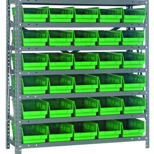 The Quantum Shelving Unit measures 12D x 36L x 39H, supports up to 400 lbs. per shelf and features seven shelves. It includes thirty green bins (11-5/8L x 6-5/8W x 4H) and is constructed with upright and cross bar supports in a galvanized steel finish.
