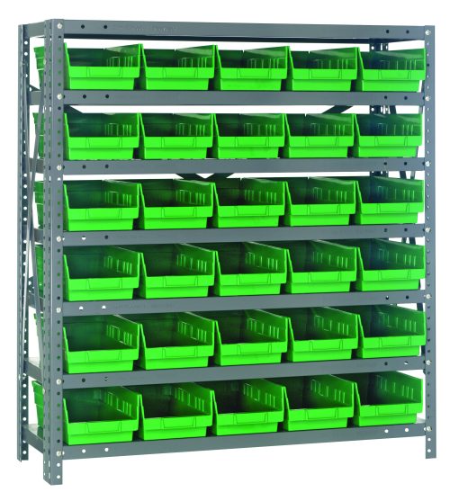 The Quantum Shelving Unit measures 12D x 36L x 39H, supports up to 400 lbs. per shelf and features seven shelves. It includes thirty green bins (11-5/8L x 6-5/8W x 4H) and is constructed with upright and cross bar supports in a galvanized steel finish.