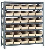 The Quantum Shelving Unit, measuring 12D X 36L X 39H, comprises seven heavy-duty shelves each supporting up to 400 lbs. Equipped with thirty ivory black bins (11-5/8L x 6-5/8W x 4H), it offers optimal organization and accessibility, crafted with galvanized steel uprights and crossbars.