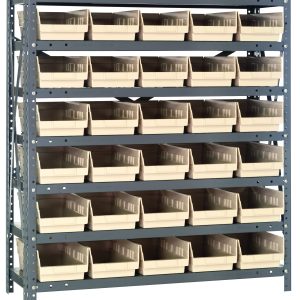 The Quantum Shelving Unit, measuring 12D X 36L X 39H, comprises seven heavy-duty shelves each supporting up to 400 lbs. Equipped with thirty ivory black bins (11-5/8L x 6-5/8W x 4H), it offers optimal organization and accessibility, crafted with galvanized steel uprights and crossbars.