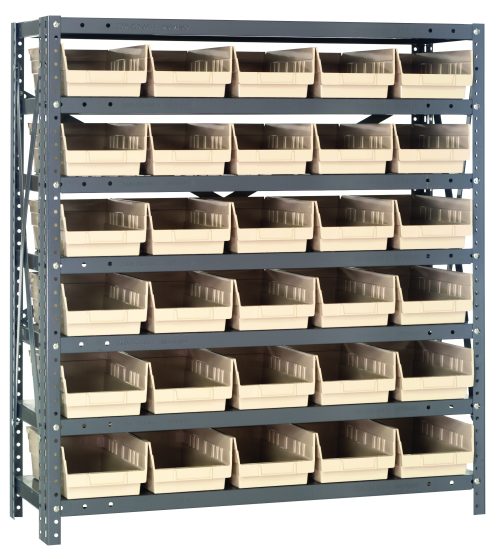 The Quantum Shelving Unit, measuring 12D X 36L X 39H, comprises seven heavy-duty shelves each supporting up to 400 lbs. Equipped with thirty ivory black bins (11-5/8L x 6-5/8W x 4H), it offers optimal organization and accessibility, crafted with galvanized steel uprights and crossbars.