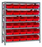 The Quantum Shelving Unit, measuring 12D x 36L x 39H, features seven heavy-duty shelves with a load capacity of 400 lbs each. It includes 48 red black bins (11-5/8L x 6-5/8W x 4H) for organized storage, all accessible from the front, supported by uprights and crossbars in galvanized steel.