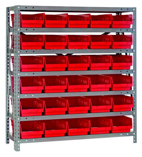 The Quantum Shelving Unit, measuring 12D x 36L x 39H, features seven heavy-duty shelves with a load capacity of 400 lbs each. It includes 48 red black bins (11-5/8L x 6-5/8W x 4H) for organized storage, all accessible from the front, supported by uprights and crossbars in galvanized steel.