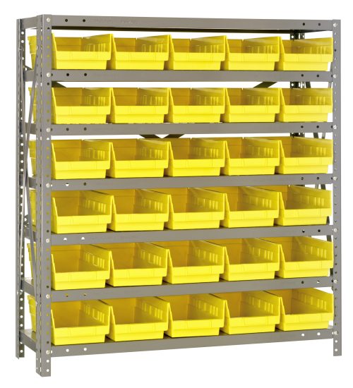 The Quantum Shelving Unit, 12D x 36L x 39H, boasts seven heavy-duty shelves with a 400 lb load capacity each. It includes 48 bright yellow bins (QSB102) for organized storage, seamlessly blending simplicity with robust functionality.