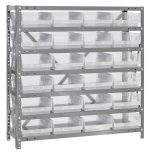 The Quantum Shelving Unit, measuring 12D x 36L x 39H, includes seven galvanized steel shelves with a 400 lb. load capacity each, holding (24) QSB107 clear black bins (11-5/8L x 8-3/8W x 4H). It has uprights and cross bars for stability and bin organization.