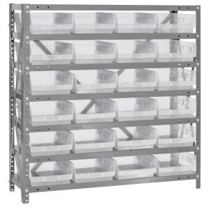 The Quantum Shelving Unit, measuring 12D x 36L x 39H, includes seven galvanized steel shelves with a 400 lb. load capacity each, holding (24) QSB107 clear black bins (11-5/8L x 8-3/8W x 4H). It has uprights and cross bars for stability and bin organization.