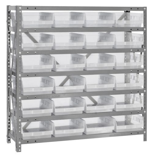 The Quantum Shelving Unit, measuring 12D x 36L x 39H, includes seven galvanized steel shelves with a 400 lb. load capacity each, holding (24) QSB107 clear black bins (11-5/8L x 8-3/8W x 4H). It has uprights and cross bars for stability and bin organization.
