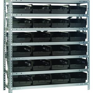 The Quantum Shelving Unit is a heavy-duty, freestanding frame measuring 12D x 36L x 39H with galvanized steel finish. It includes seven shelves supporting 24 QSB107 black bins, each bin measuring 11-5/8L x 8-3/8W x 4H, ideal for organizing tools and enhancing industrial aesthetics.