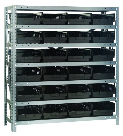 The Quantum Shelving Unit is a heavy-duty, freestanding frame measuring 12D x 36L x 39H with galvanized steel finish. It includes seven shelves supporting 24 QSB107 black bins, each bin measuring 11-5/8L x 8-3/8W x 4H, ideal for organizing tools and enhancing industrial aesthetics.