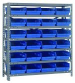 The Quantum Shelving Unit, made of galvanized steel, includes seven 12D x 36L x 39H shelves with a 400 lb. load capacity each. It comes with six rows of 24 blue QSB107 bins (11-5/8L x 8-3/8W x 4H) for easy-access organization and efficient storage.