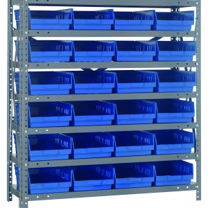 The Quantum Shelving Unit, made of galvanized steel, includes seven 12D x 36L x 39H shelves with a 400 lb. load capacity each. It comes with six rows of 24 blue QSB107 bins (11-5/8L x 8-3/8W x 4H) for easy-access organization and efficient storage.
