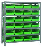 The Quantum Shelving Unit in galvanized steel offers seven shelves with 24 green black bins, each open at the front for easy access. With dimensions of 12D x 36L x 39H and a load capacity of 400 lbs per shelf, its perfect for efficient tool or material organization.