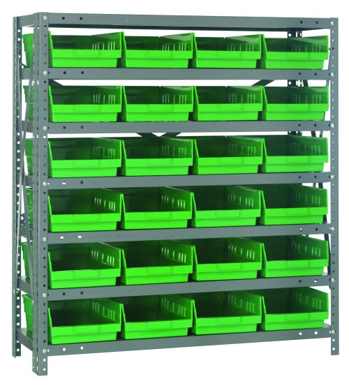 1239-107_GN.jpg The Quantum Shelving Unit in galvanized steel offers seven shelves with 24 green black bins, each open at the front for easy access. With dimensions of 12D x 36L x 39H and a load capacity of 400 lbs per shelf, its perfect for efficient tool or material organization.