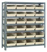 The Quantum Shelving Unit features a galvanized steel frame with seven shelves, each supporting up to 400 lbs. It includes 24 ivory black bins sized at 11-5/8L x 8-3/8W x 4H, ideal for organized storage in its compact dimensions of 12D x 36L x 39H.