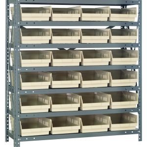 The Quantum Shelving Unit features a galvanized steel frame with seven shelves, each supporting up to 400 lbs. It includes 24 ivory black bins sized at 11-5/8L x 8-3/8W x 4H, ideal for organized storage in its compact dimensions of 12D x 36L x 39H.