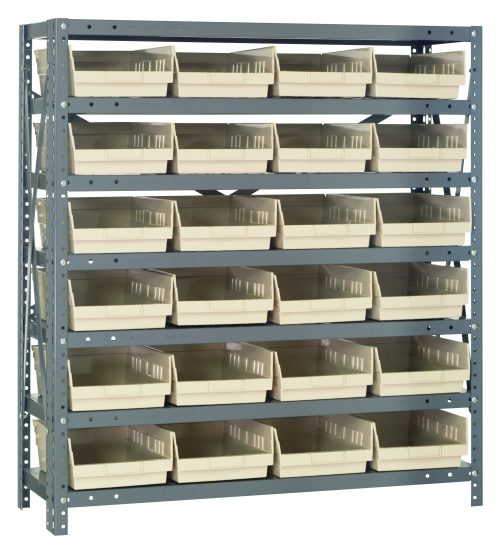 The Quantum Shelving Unit features a galvanized steel frame with seven shelves, each supporting up to 400 lbs. It includes 24 ivory black bins sized at 11-5/8L x 8-3/8W x 4H, ideal for organized storage in its compact dimensions of 12D x 36L x 39H.