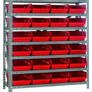 The Quantum Shelving Unit, measuring 12D x 36L x 39H, features a heavy-duty construction with a 400 lb. load capacity per shelf. It includes (7) shelves and (24) red QSB107 bins for efficient organization. The galvanized steel unit ensures durability with evenly spaced shelves.