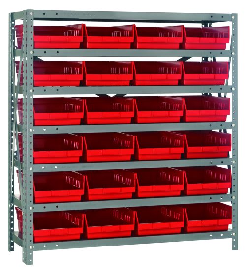 The Quantum Shelving Unit, measuring 12D x 36L x 39H, features a heavy-duty construction with a 400 lb. load capacity per shelf. It includes (7) shelves and (24) red QSB107 bins for efficient organization. The galvanized steel unit ensures durability with evenly spaced shelves.