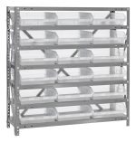 The Quantum Shelving Unit features a heavy-duty design with 7 shelves and comes with 18 clear black bins. It includes a gray frame of galvanized steel with multiple holes for easy shelf height adjustment, supporting up to 400 lb. per shelf. Dimensions: 12D x 36L x 39H.