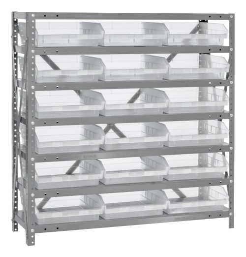 The Quantum Shelving Unit features a heavy-duty design with 7 shelves and comes with 18 clear black bins. It includes a gray frame of galvanized steel with multiple holes for easy shelf height adjustment, supporting up to 400 lb. per shelf. Dimensions: 12D x 36L x 39H.