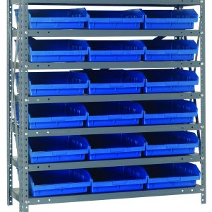 The Quantum Shelving Unit, 12D x 36L x 39H, features seven galvanized steel shelves with a 400 lb. load capacity each and includes 18 blue black QSB109 bins measuring 11-5/8L x 11-1/8W x 4H for optimal storage and organization.